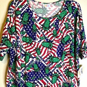 LULAROE Irma‎ Americana Top 2XL Patriotic 4th of July Hi Low Hem Stretch USA NWT